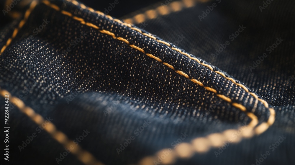 Poster a detailed view of denim fabric highlights the unique stitching patterns and rich texture of the mat