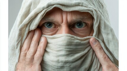 Obraz premium Intense gaze of an elderly man with a white cloth covering his face
