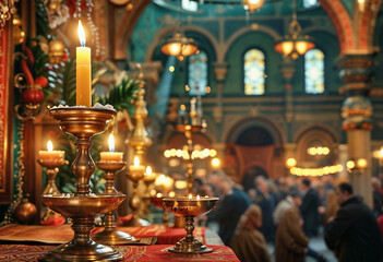 Fototapeta premium Ornate Church Interior with Faithful Congregation in Festive Atmosphere.