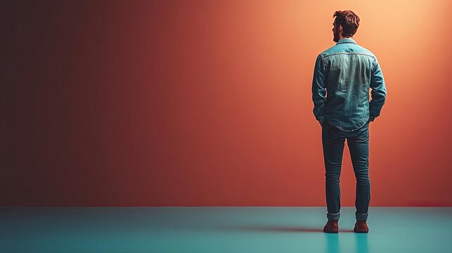 Man in a blue shirt standing with his hands in his pockets looking at a red wall