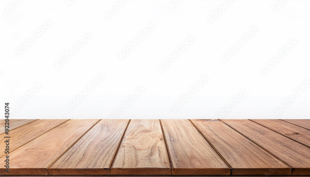 Poster empty wood table on isolate white background and display montage with copy space for product.