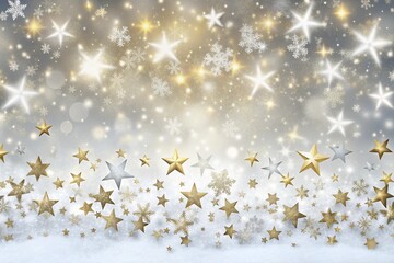 Image of snow falling over stars on white background