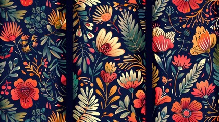 Vibrant floral designs showcase a variety of flowers and leaves on a dark backdrop, perfect for creative projects
