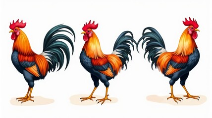 Fototapeta premium Vibrant Illustrated Rooster Trio on White Background - Colorful Farm Animal Artwork Perfect for Educational and Decorative Uses