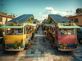 Two colorful food trucks are parked on a brick street. The trucks are decorated with plants and flowers, giving them a lively and inviting appearance