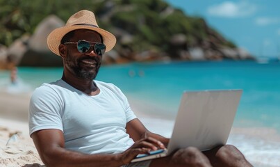 Beachside productivity - a man on beach with electronic device, illustrating the concept of remote work and passive income, blending relaxation with modern work flexibility and financial independence.