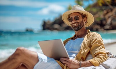 Beachside productivity - a man on beach with electronic device, illustrating the concept of remote work and passive income, blending relaxation with modern work flexibility and financial independence.