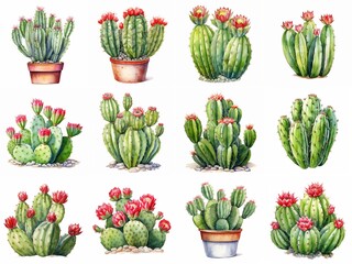 Watercolor Cactus Collection Illustration with Colorful Flowers