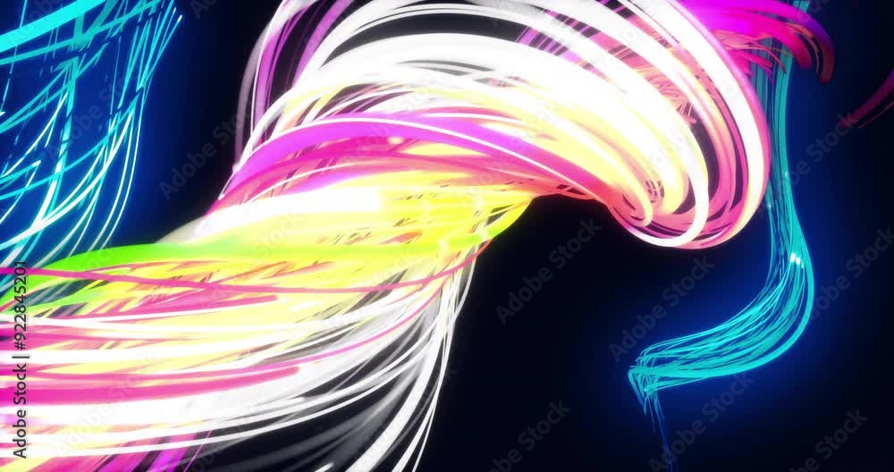 Poster swirling colorful light trails animation on dark background