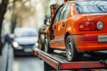 A tow truck tows away a parked car for parking illegally.
