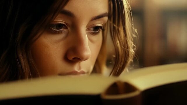 Young woman immersed in reading at a cozy library, surrounded by books, focused on learning and expanding knowledge in a peaceful ambiance