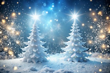 Image of two white christmas tree icons over winter landscape against spots of light