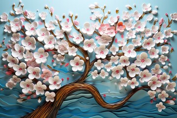 Floral tree with hanging branches on white flowers 3d design illustration background. 3d abstraction wallpaper for interior mural wall decor and home living room.