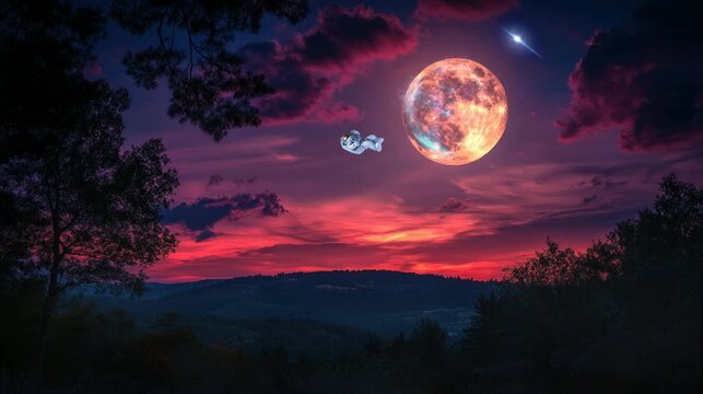 an astronaut who fell on a full moon night in a forest area. seamless looping time-lapse virtual 4k nvideo Animation Background.