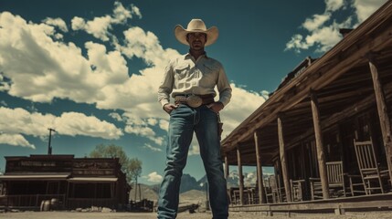 A cowboy in traditional attire poses in a historic western town against a backdrop of clouds and old buildings.
