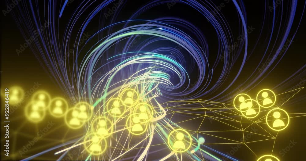 Poster processing data and connecting networks, animation of swirling blue and yellow lines