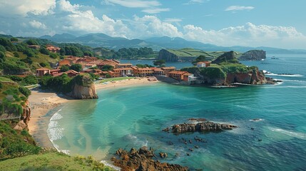 Fototapeta premium village near sea explore the natural beauty of the ocean with stunning tranquil seascapes
