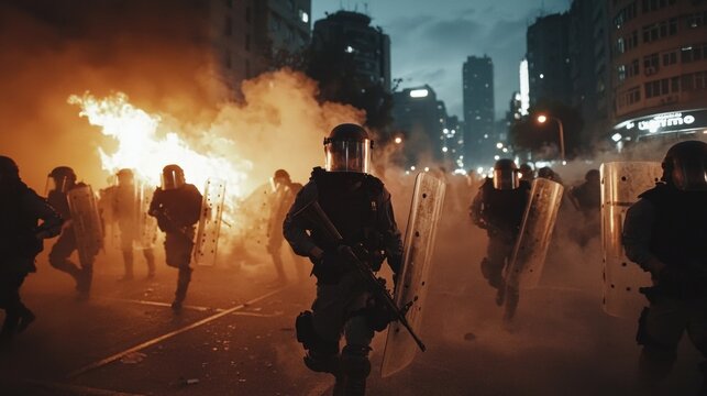 Street unrest: intense city riots featuring violent protest march, with explosions, smoke filling the air, showcasing conflict between angry demonstrators, police amidst chaos of urban disaster.