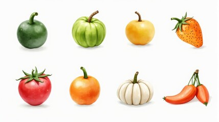 Collection of Vibrant Exotic Fruits and Vegetables - Unique Digital Illustration of Fresh Produce on White Background