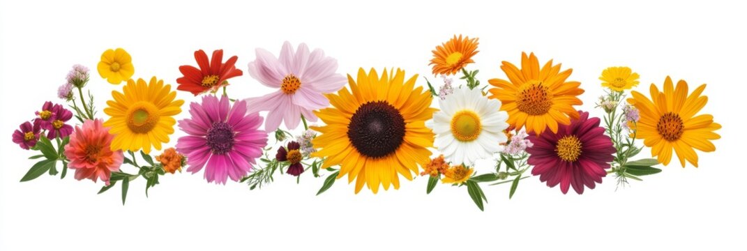 A vibrant floral border featuring a delightful variety of colorful flowers, which is ideal for enhancing different designs with ample copy space that can be creatively utilized for various purposes