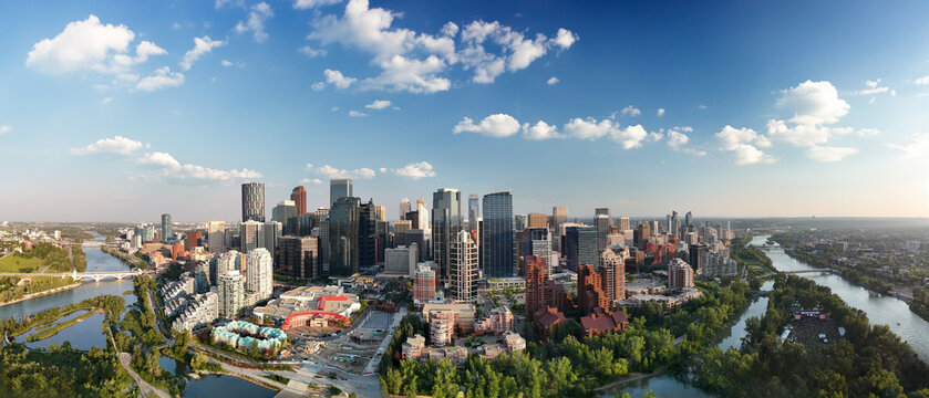 Panoramic aerial view of Calgary at sunset, Alberta - Canada