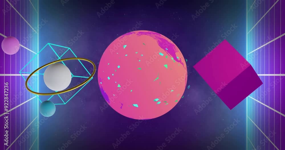 Poster geometric shapes and planet in space animation with neon colors