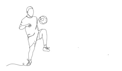 continuous line drawing of soccer player shooting vector illustration. Single one line art of young man playing soccer ball template.