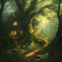Fototapeta premium Enchanted Forest Abode: A whimsical cottage nestled at the base of an ancient tree, bathed in ethereal light, beckons you into a world of magic and wonder.