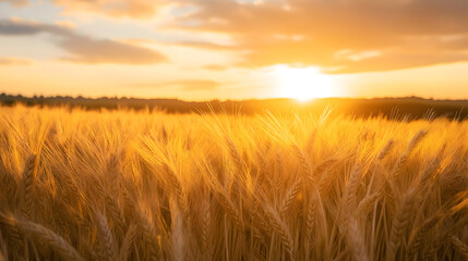 Naklejka premium Golden wheat field swaying gently under a warm sunset, capturing the essence of harvest