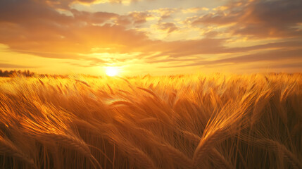 Golden wheat field swaying gently under a warm sunset, capturing the essence of harvest