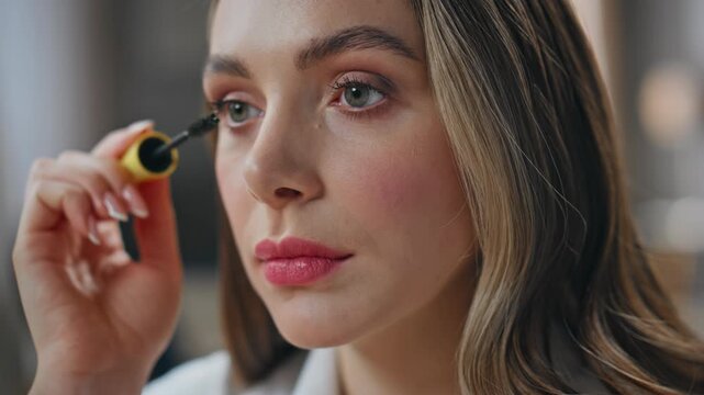 Serious girl using mascara applying on eyelashes closeup. Smiling woman makeup