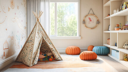 Whimsical children's bedroom with a playful tent and vibrant colors, creating a cozy and imaginative space