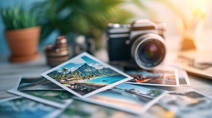 Travel photos and vintage camera in warm sunlight