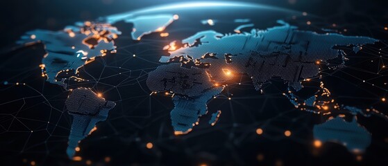 Fototapeta premium A detailed view of a glowing world map, showcasing connections illuminated by lights, representing global communication and networking.