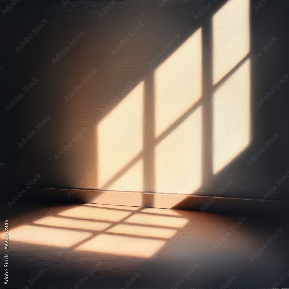 Poster a serene image of sunlight casting shadows through a window, creating a peaceful ambiance in a dimly
