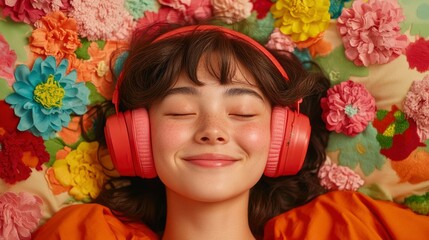 Smiling Asian Woman In Bed, Listening To Music, Finding Joy In Simple Pleasures