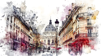  Parisian Charm in Watercolors: A captivating vista of a Parisian street, adorned with charming cafes and leading to the majestic dome of the Pantheon, rendered in a vibrant watercolor style.