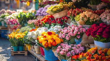 Fototapeta premium Flower Market Abundance: A vibrant display of fresh, colorful blooms fills a bustling flower market, creating a visual feast for the senses. 
