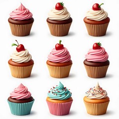 Assorted Cupcakes with Cherries on Top - Sweet Dessert Collection isolated on background