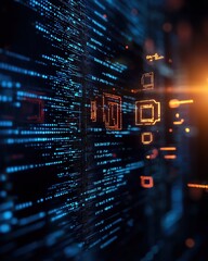 Dynamic digital data streams represent modern technology and innovation, showcasing a futuristic interface illuminated by vibrant colors.
