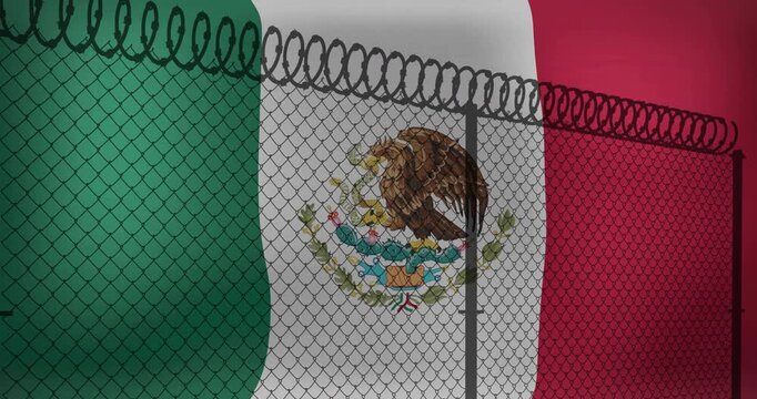 Mexican flag behind barbed wire fence, security and border control animation