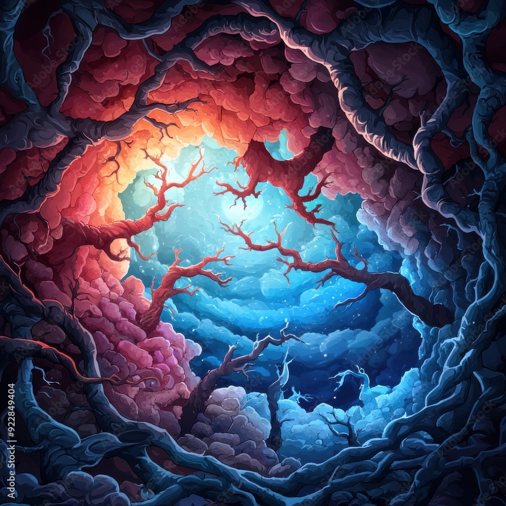 Poster a surreal exploration of vibrant colors and twisted branches creating a dreamlike forest atmosphere.