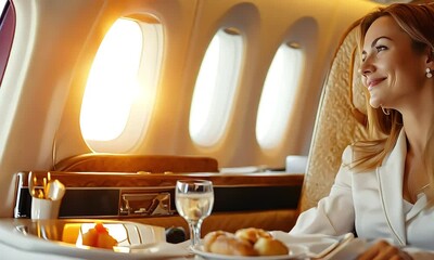 Smiling woman enjoying luxury flight meal with ai generated.
