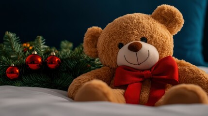 Teddy Bear On A Bed, Christmas Decorations Setting A Festive Mood