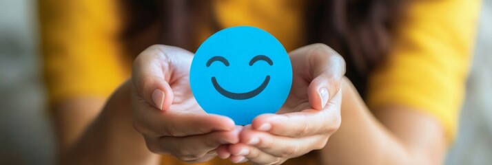 Naklejka premium Embracing Positivity: A Woman Crafts a Joyful Smile on Blue Paper for World Mental Health Day, Symbolizing the Importance of Active Thinking and Psychological Well-being.