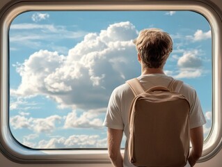 Fototapeta premium A traveler gazes out of a window, contemplating the beautiful sky filled with clouds, evoking a sense of adventure and exploration.