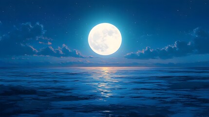 Captivating Moonlit Seascape - Glowing White Moon Over Tranquil Ocean Horizon
