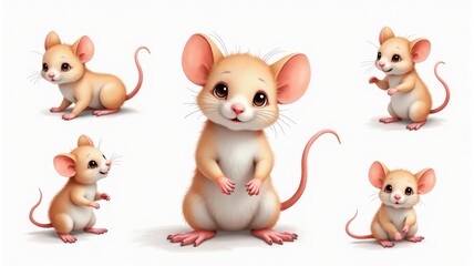 Obraz premium Cute Cartoon Mice Illustration - Adorable Baby Mice Characters on White Background