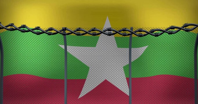 Barbed wire fence and chain link over Myanmar flag animation