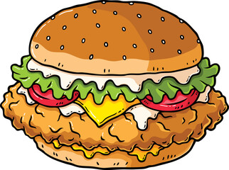 Hand Drawn Vector Cartoon Crispy Chicken Burger